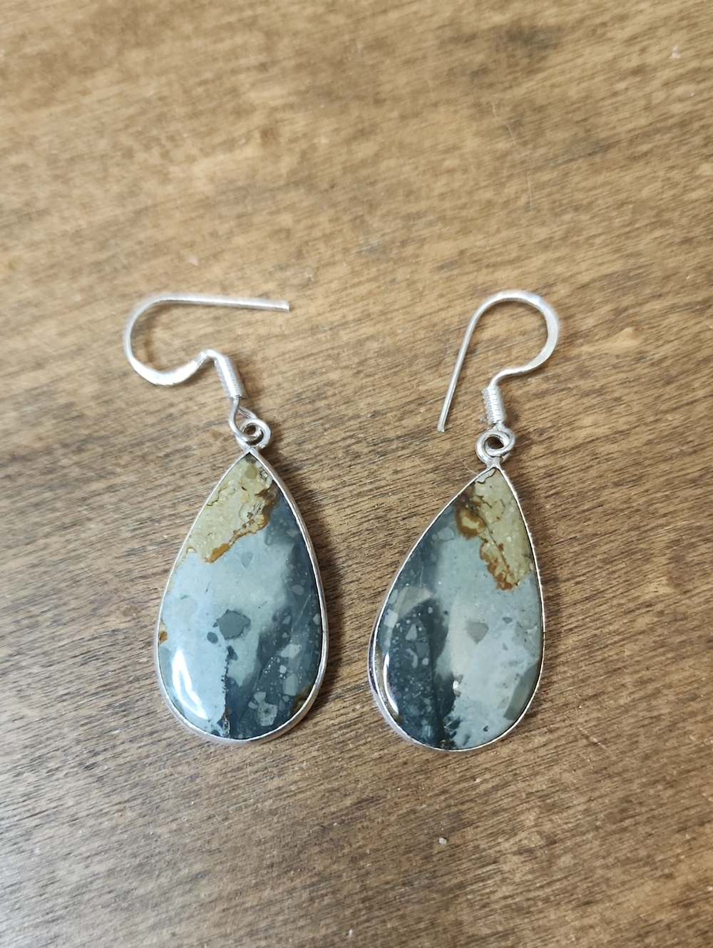 Teardrop Jasper Stone Dangle Earrings in Gray and Brown